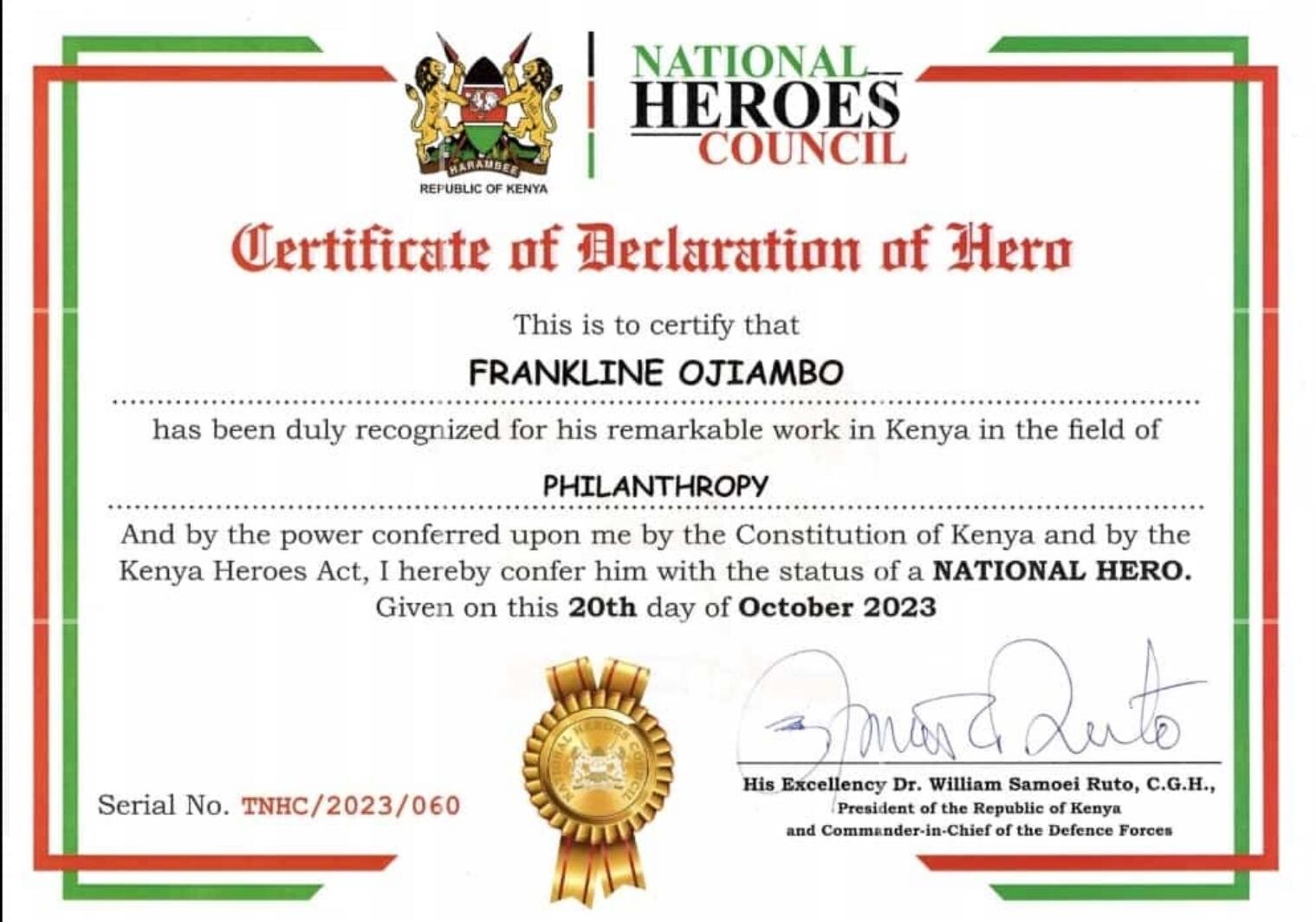 Certificate of Declaration of National Hero